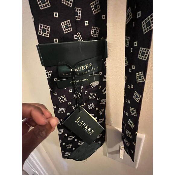 Vintage Lauren Ralph Lauren Black Geometric Pattern Print Silk Necktie - Picture 3 of 4